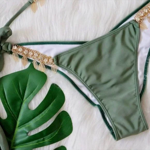 Callie Sage: Dangling Leaves & Rhinestone Scrunch Butt Green Triangle Bikini L - Picture 8 of 8